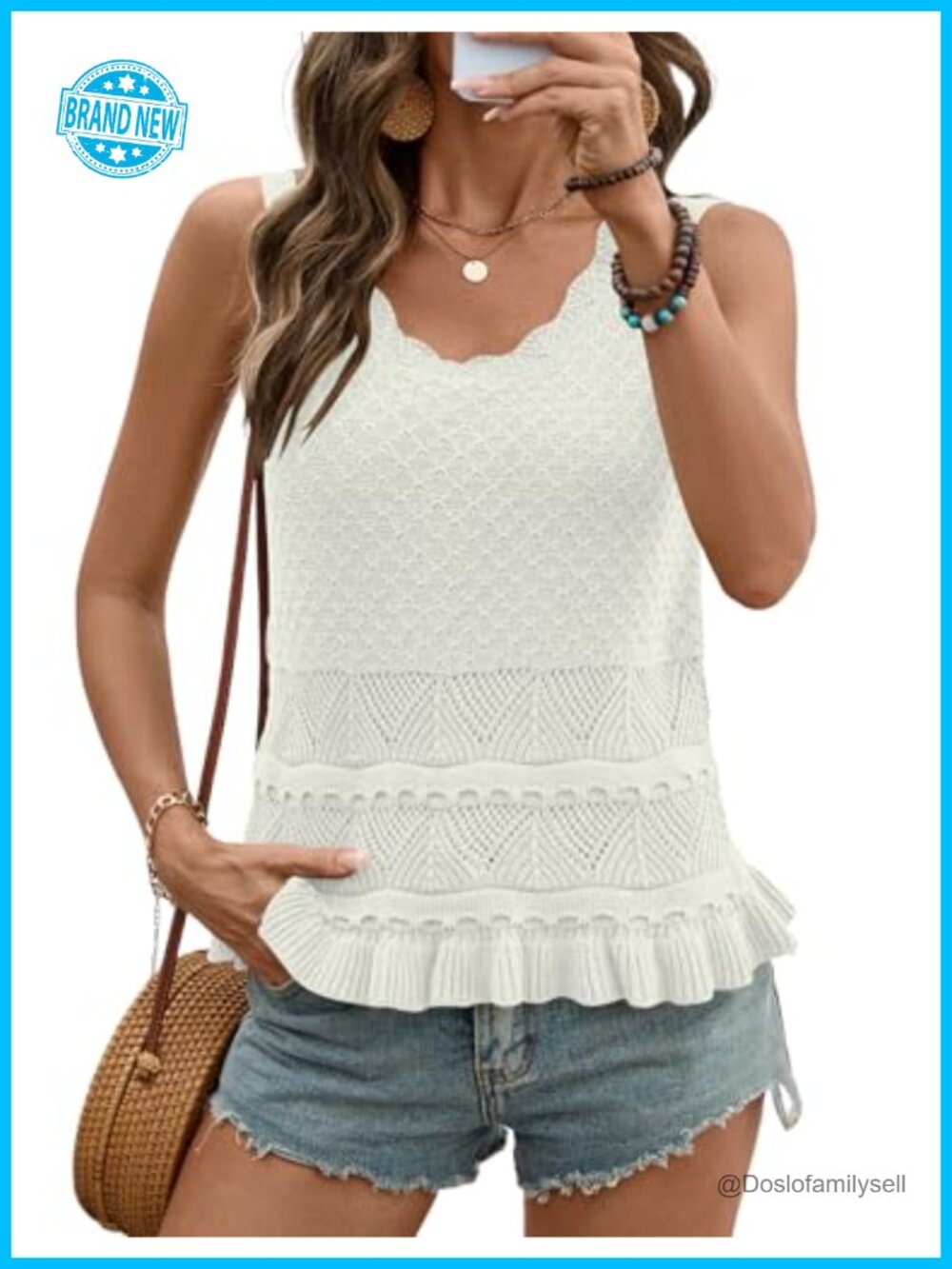 LOMON Sweater Vest Womens Crochet Tank Top Sleeveless Knit Ruffle Hem Boho